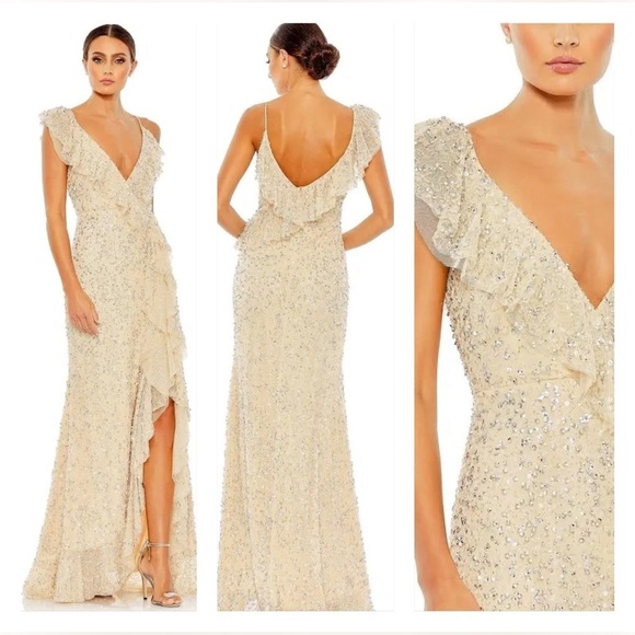 Mac Duggal 10931 NWT EMBELLISHED RUFFLE FAUX WRAP SEQUINED GOWN - Picture 1 of 10